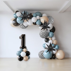 One Happy Dude DIY Kit Party Balloon Garland Arch Blue Slate White Black White Sand Checker Orbs Starburst First Birthday Boy Tower