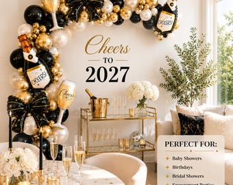 New Year's Eve Balloon Garland Kit Cheers to 2027 Champagne Bottle Cheers Glass Bow Foil DIY Party Arch Black Gold Pearl White Decor