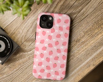 Rosa Erdbeer Handyhülle, Bögen Handyhülle, süße rosa Hülle, Obst Handyhülle, Stilvolle Handyhülle, Trendy Handyhülle, Obstdesign, Kokette