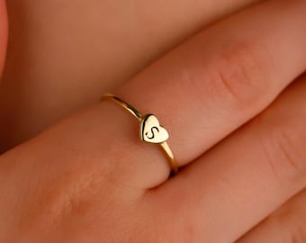 Personalized Tiny Heart Initial Ring, Engraved Heart Letter Ring, 925 Sterling Silver with 14K Gold Filled Ring,Minimalist Gift,Gift for Her