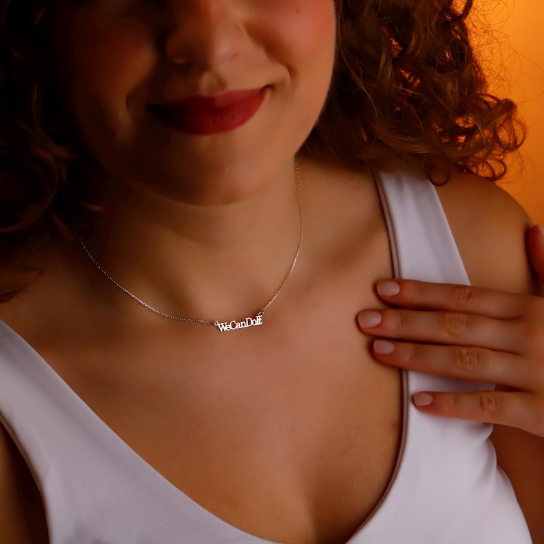 custom name necklace; women’s rights gift idea; personalized gold filled jewelry; delicate inspirational chain; waterproof engraved jewelry; 14k gold filled necklace; silver or rose gold custom charm; dainty girl power design; motivational quote gift; everyday statement jewelry; bold feminist necklace; custom word necklace; empowering message for her; jewelry with custom message