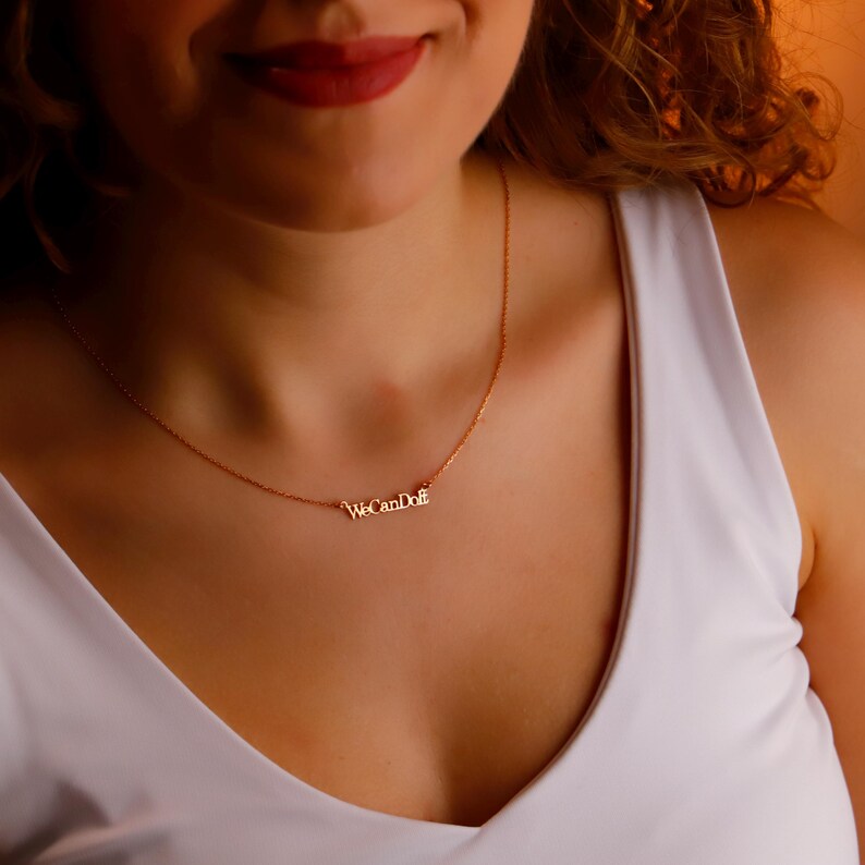 gold feminist necklace; inspirational jewelry gift; personalized girl power charm; custom empowerment chain; waterproof minimalist necklace; sterling silver dainty pendant; message jewelry for her; handmade custom quote necklace; gift for strong women; birthday gift for activist; daily motivation jewelry; layering piece with quote; elegant girl boss necklace