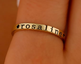 Custom Stackable Name Ring,Personalized Stamped Text Band,925 Sterling Silver with 14K Gold Filled,Minimalist Stackable Ring,Gift for her