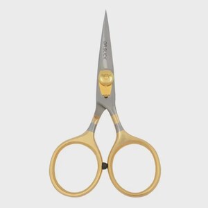 May include: Close-up of a pair of gold and silver scissors. The scissors have a pointed tip and rounded finger holes. The text "DR. SLICK" is printed on the blade. The scissors are designed for precision cutting.