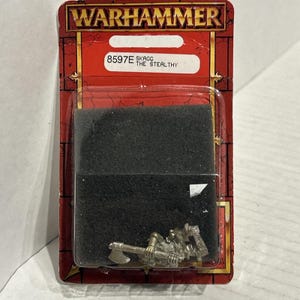 May include: A Warhammer Skagg the Stealthy miniature figure in a sealed package. The package is red with the Warhammer logo at the top and the text "8597E Skagg The Stealthy". The miniature is silver and includes an axe.