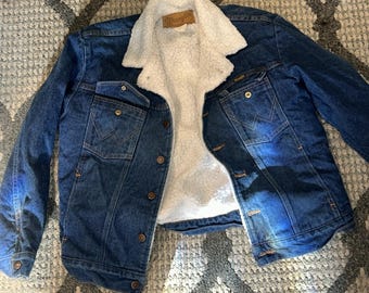VTG Wrangler Herr Blå Denim Truckerjacka Sherpafodrad Herrstorlek M