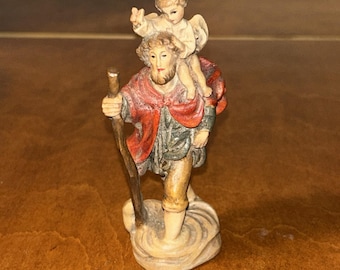 Vintage St. Christopher with Child Wooden Carved Statue By Franco Italy 4.5"