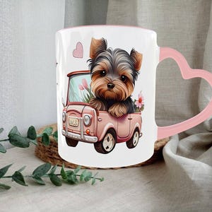 Personalized Yorkshire Terrier Mug in Pink Car – Heart Handle – Custom Name Dog Lover Gift