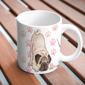 Custom Pug Mug – Personalized Dog Lover Gift – Cute Cartoon Pug Design with Paw Prints and Name