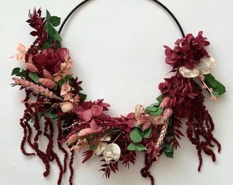 Moderner Kranz in Bordeaux – Handgemachte Trockenblumen Deko