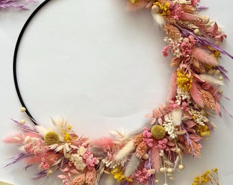 Trockenblumen Kranz  Handgemachter Boho Türkranz  Frühling Sommer Geschenk Metallring Tischkranz Wanddeko
