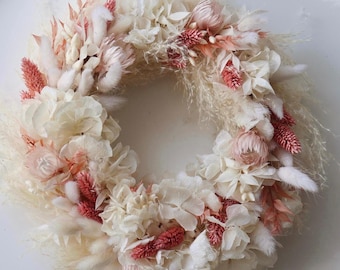 Trockenblumenkranz Boho in Creme & Rosé – Handgemachter Blumenkranz aus natürlichen, getrockneten Blumen, Türkranz oder Wanddeko Advent