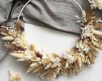 Krans van gedroogde bloemen, handgemaakte boho deurkrans, lente/zomer cadeau, metalen ring, tafelkrans, wanddecoratie, bruiloft, gedroogde bloemen