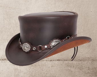 Brown Leather Top Hat Handcrafted Leather Hat , Style Band Gothic Hat / Steampunk Top Hat Gifts For Him , Gifts For Men