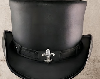 Black Leather Top Hat Handcrafted Leather Hat , Style Band Gothic Hat / Steampunk Top Hat Gifts For Him , Gifts For Men