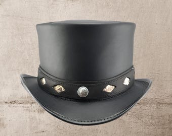 Black Leather Top Hat Handcrafted Leather Hat , Style Band Gothic Hat / Steampunk Top Hat Gifts For Him , Gifts For Men