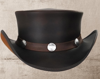Black Leather Top Hat Handcrafted Leather Hat , Style Band Gothic Hat / Steampunk Top Hat Gifts For Him , Gifts For Men