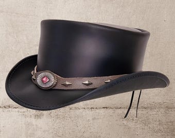 Black Leather Top Hat Handcrafted Leather Hat , Style Band Gothic Hat / Steampunk Top Hat Gifts For Him , Gifts For Men