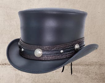 Handcrafted Black Leather Top Hat, Gothic Steampunk Style