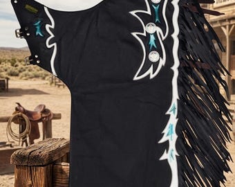 Handmade Leather Western Chaps  Hand Tooled Yoke Fringe Chinks Rodeo Riding Gear Cowboy Suede Work Chaps for Ranch & Riding