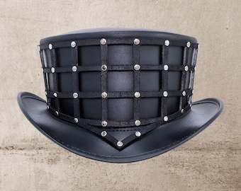 Black Leather Top Hat Handcrafted Leather Hat , Style Band Gothic Hat / Steampunk Top Hat Gifts For Him , Gifts For Men