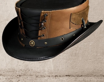 Brown Leather Top Hat Handcrafted Leather Hat , Style Band Gothic Hat / Steampunk Top Hat Gifts For Him , Gifts For Men