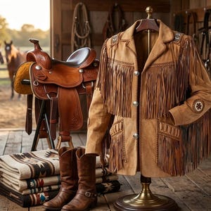 May include: A tan suede jacket with fringe, displayed on a mannequin, alongside a leather saddle, cowboy boots, and a stack of blankets. The jacket has decorative stitching and silver buttons. Horses are visible in the background.
