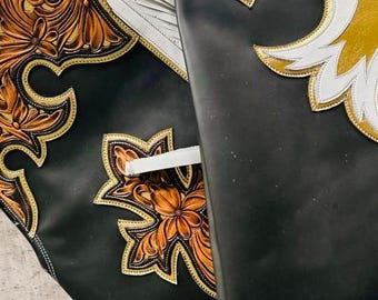 CHAPS WESTERN EN CUIR SUÉDÉ À FLEURS - RIDEX - FAITS MAIN INDE - POUR ADULTE