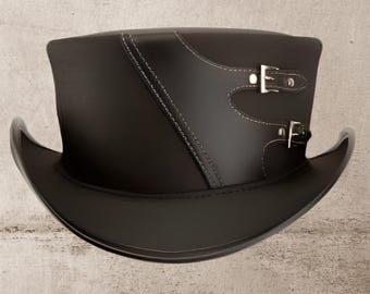 Black Leather Top Hat Handcrafted Leather Hat , Style Band Gothic Hat / Steampunk Top Hat Gifts For Him , Gifts For Men