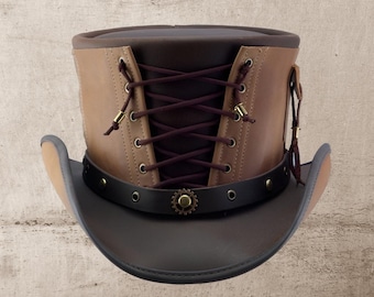 Brown Leather Top Hat Handcrafted Leather Hat , Style Band Gothic Hat / Steampunk Top Hat Gifts For Him , Gifts For Men