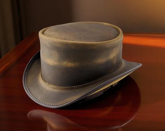 Brown Leather Top Hat Handcrafted Leather Hat , Style Band Gothic Hat / Steampunk Top Hat Gifts For Him , Gifts For Men