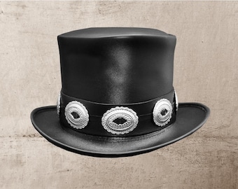 Handcrafted Black Leather Top Hat, Gothic Steampunk Style