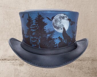 Handcrafted Black Leather Top Hat, Gothic Steampunk Style