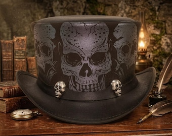 Handcrafted Black Leather Top Hat, Gothic Steampunk Style