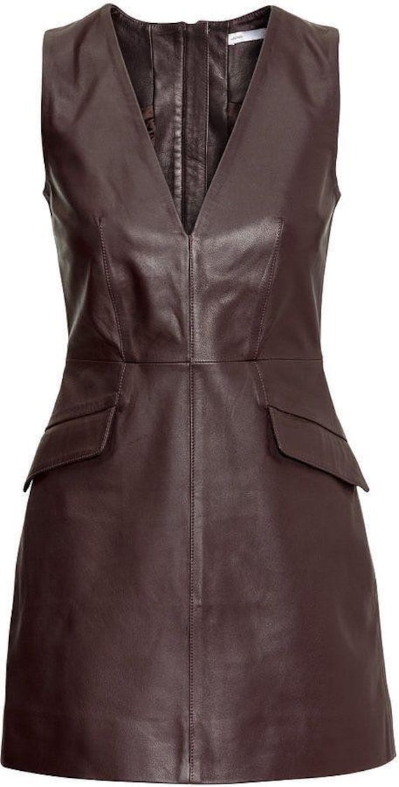 Vegan Leather Mini Dress: Burgundy Sleeveless V-Neck Retro Style