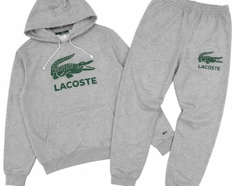 Tuta da uomo grigio mélange con cappuccio e pantaloni da jogging stile Lacoste, tuta in pile, set coordinato unisex