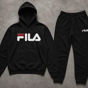 Mens Fila Logo Fleece Hoodie Sweatpants Tracksuit Set Jogging Streetwear Outfit