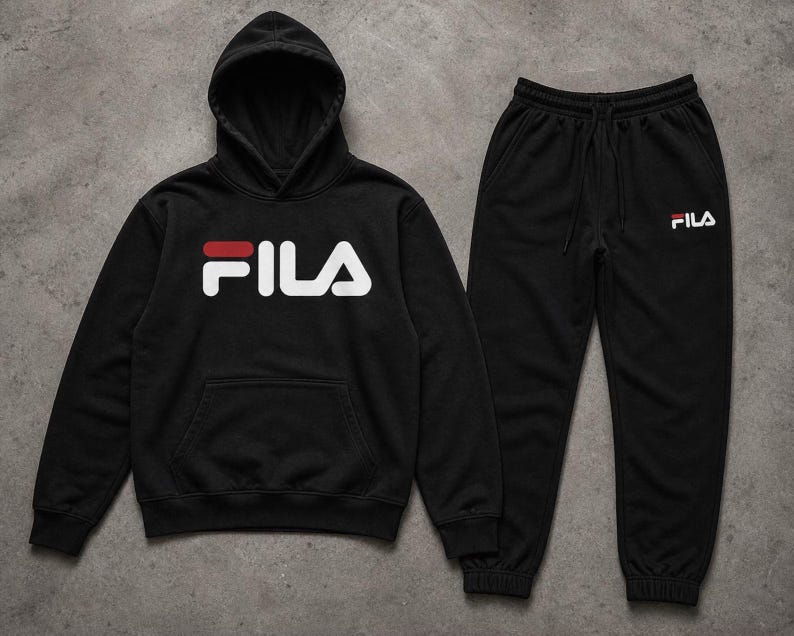 Mens Fila Logo Fleece Hoodie Sweatpants Tracksuit Set Jogging Streetwear Outfit