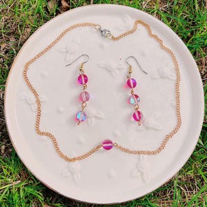 Pink Glass Bead Necklace and Dangling Earrings Set