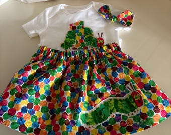 Hungry Caterpillar girls skirt, onesie, and hair piece/First Birthday/FREE SHIPPING