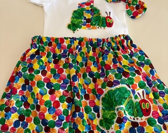 Hungry Caterpillar girls skirt, onesie, and hair piece/First Birthday/FREE SHIPPING