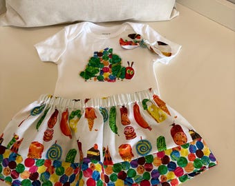 Hungry Caterpillar girls skirt, onesie, and hair piece/First Birthday/FREE SHIPPING