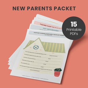 May include: A printable PDF packet for new parents with 15 different printable PDFs. The cover features a cartoon house with a green roof and a potted plant. The text on the cover reads "New Parents Packet" and "15 Printable PDFs".