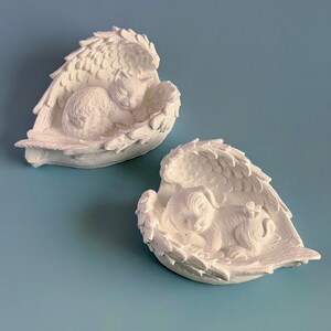 May include: Two white angel wing sculptures, each cradling a sleeping animal. One features a cat, the other a dog, both curled up in a peaceful pose. The wings have detailed feather textures, set against a light blue background.