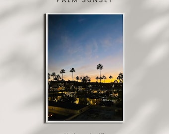 Digitale download palmboom zonsondergang – tropische kunst aan de muur, strandfotografie, instant print kustdecor