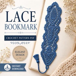 Pode incluir: Um marcador de livro de renda azul com uma borla, em um livro aberto. O marcador de livro é feito de renda de crochê com um design elegante. O texto na imagem diz "Lace Bookmark" e "Crochet Pattern PDF".