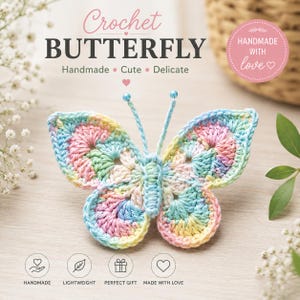 May include: A handmade crochet butterfly in pastel colors of blue, yellow, pink, and green. The butterfly has a detailed, openwork design and is labeled "Crochet BUTTERFLY." The image also includes the words "Handmade," "Cute," and "Delicate."