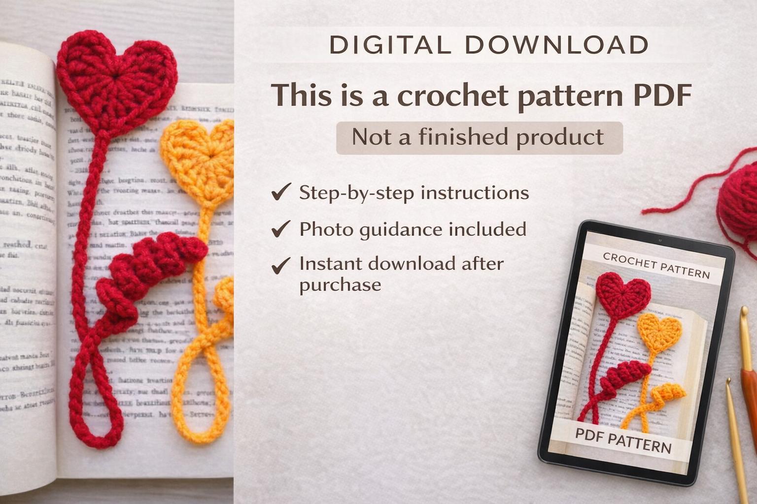 Crochet Heart Bookmark Pattern (PDF Download), Beginner Friendly, Easy ...