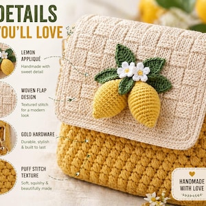 May include: A handmade yellow and cream crochet handbag with a lemon appliqué. The bag features a woven flap design and a puff stitch texture. Gold hardware and a chain strap complete the design. The bag is handmade with love.