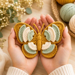 May include: A handmade crochet butterfly in shades of mustard yellow, sage green, and cream. The butterfly is held in open hands, showcasing its detailed stitching and layered wing design. The craft project is a decorative item.